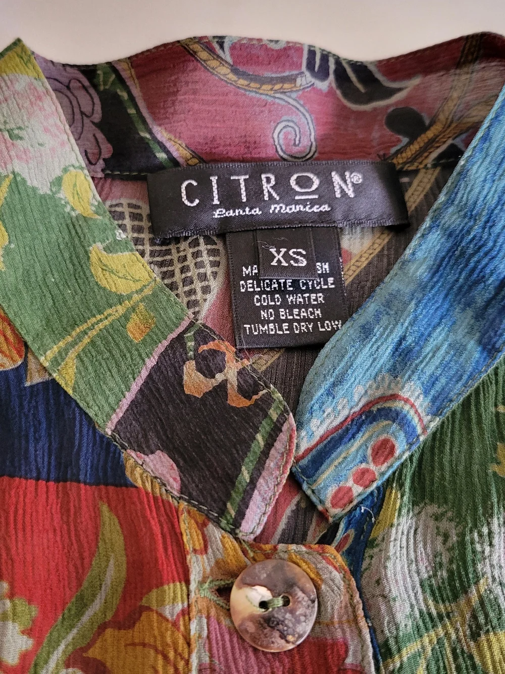 Vintage Citron Santa Monica 100% Silk Semi Sheer Patchwork Floral Blouse XS - Picture 7 of 11